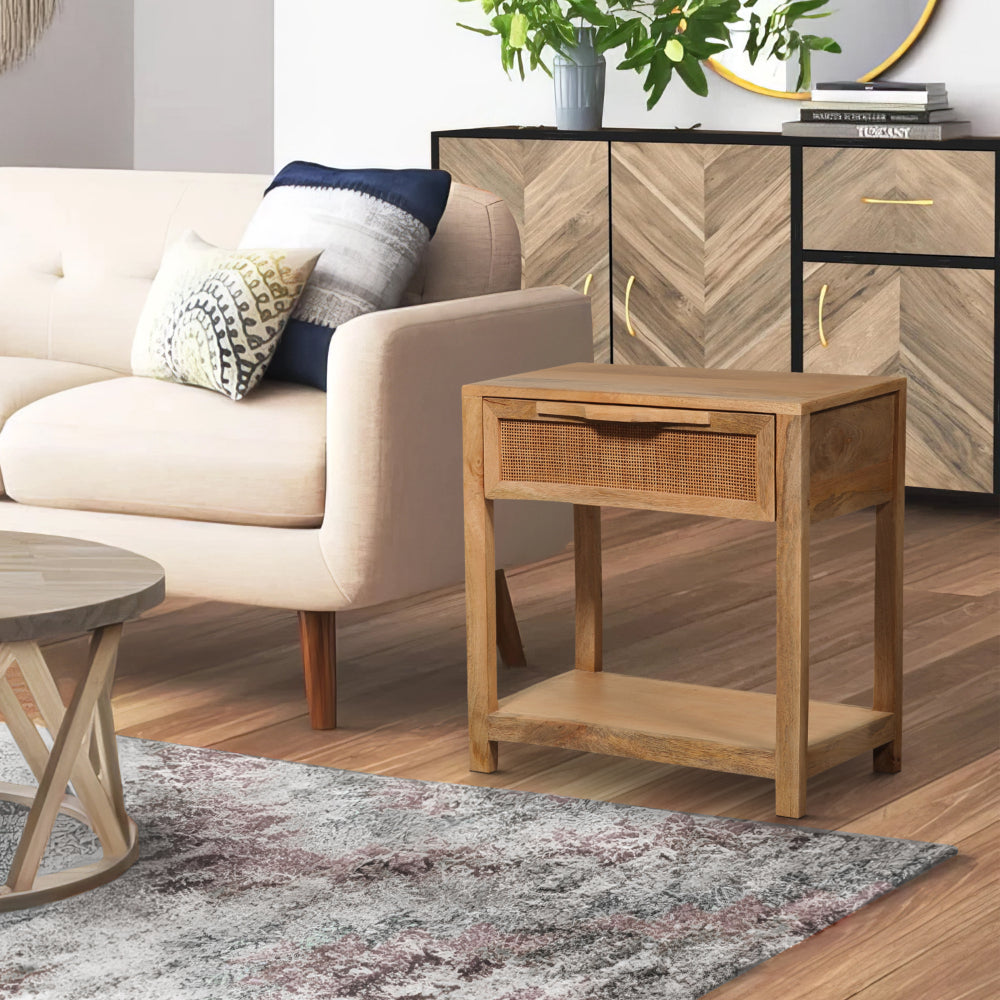 Benjara Rosette 22 Inch Accent Side Table, Rattan Front Drawer, Open Shelf, Natural Brown Mango Wood Frame