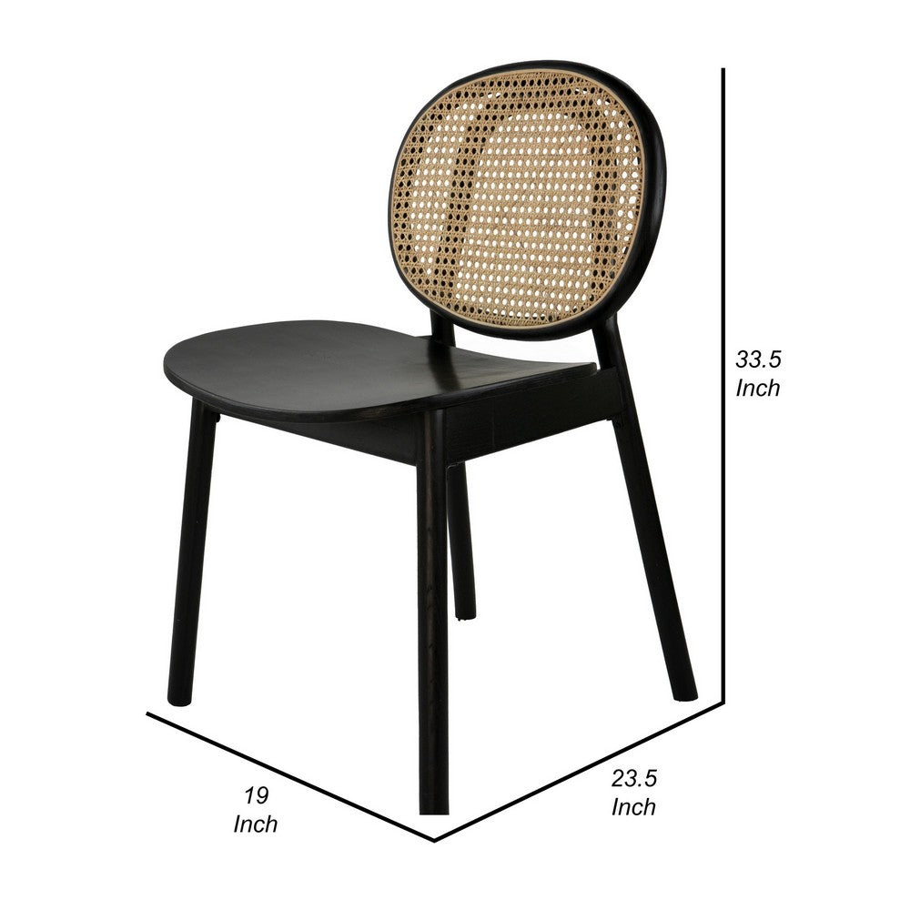 Benjara Ada 24 Inch Dining Chair, Cane Rattan Back, Beech Wood, Set of 2, Black