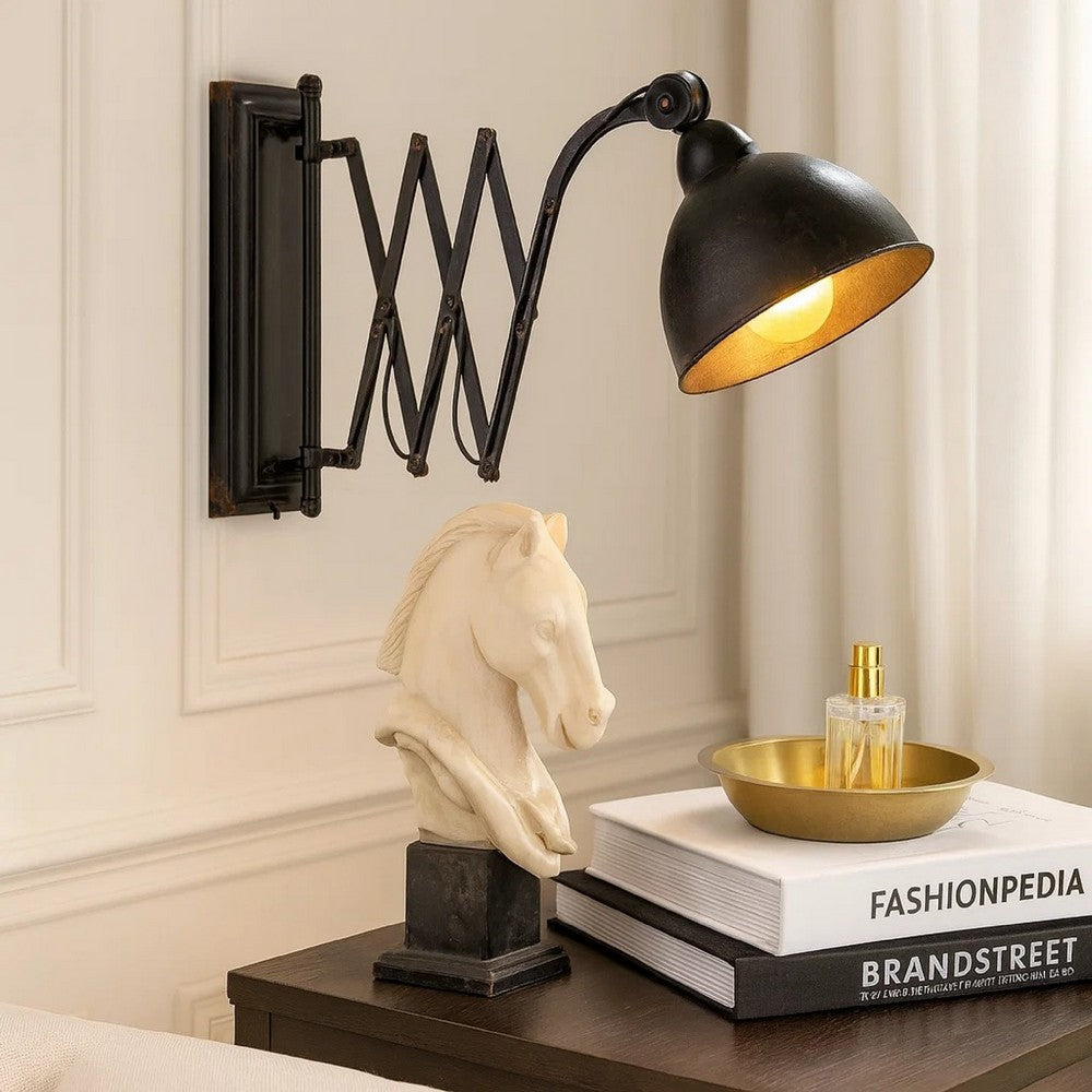 Benjara 18 Inch Wall Mounted Lamp, Extendable Accordion Arm, Iron, Antique Black