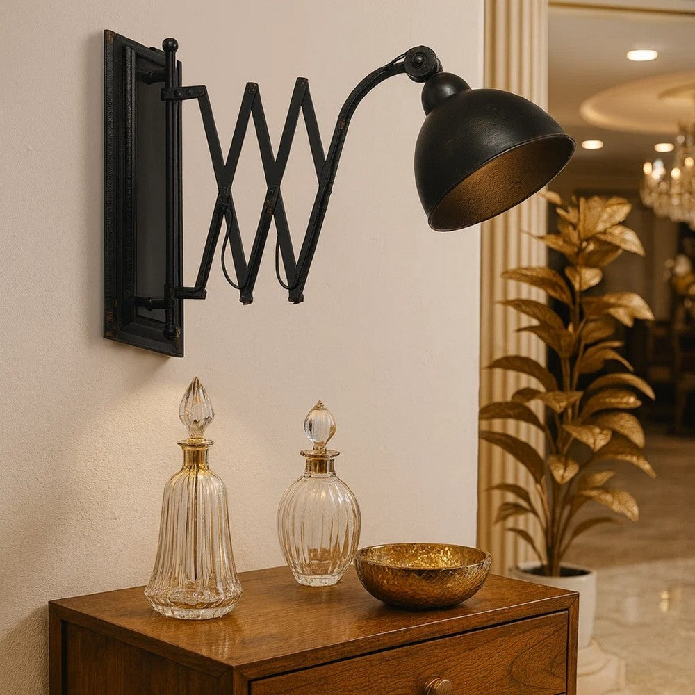 Benjara 18 Inch Wall Mounted Lamp, Extendable Accordion Arm, Iron, Antique Black