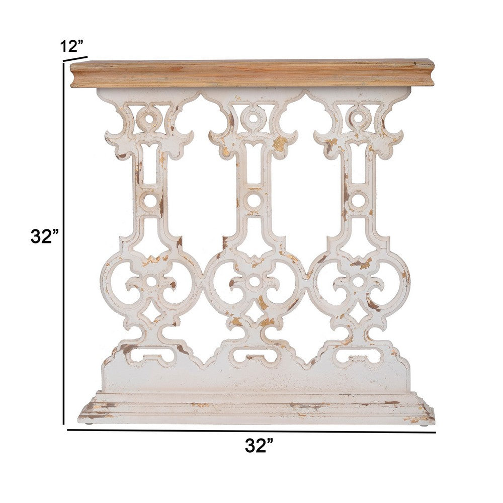 Benjara 32 Inch Console Table, Fir Wood, Traditional, Scrollwork, Antique White
