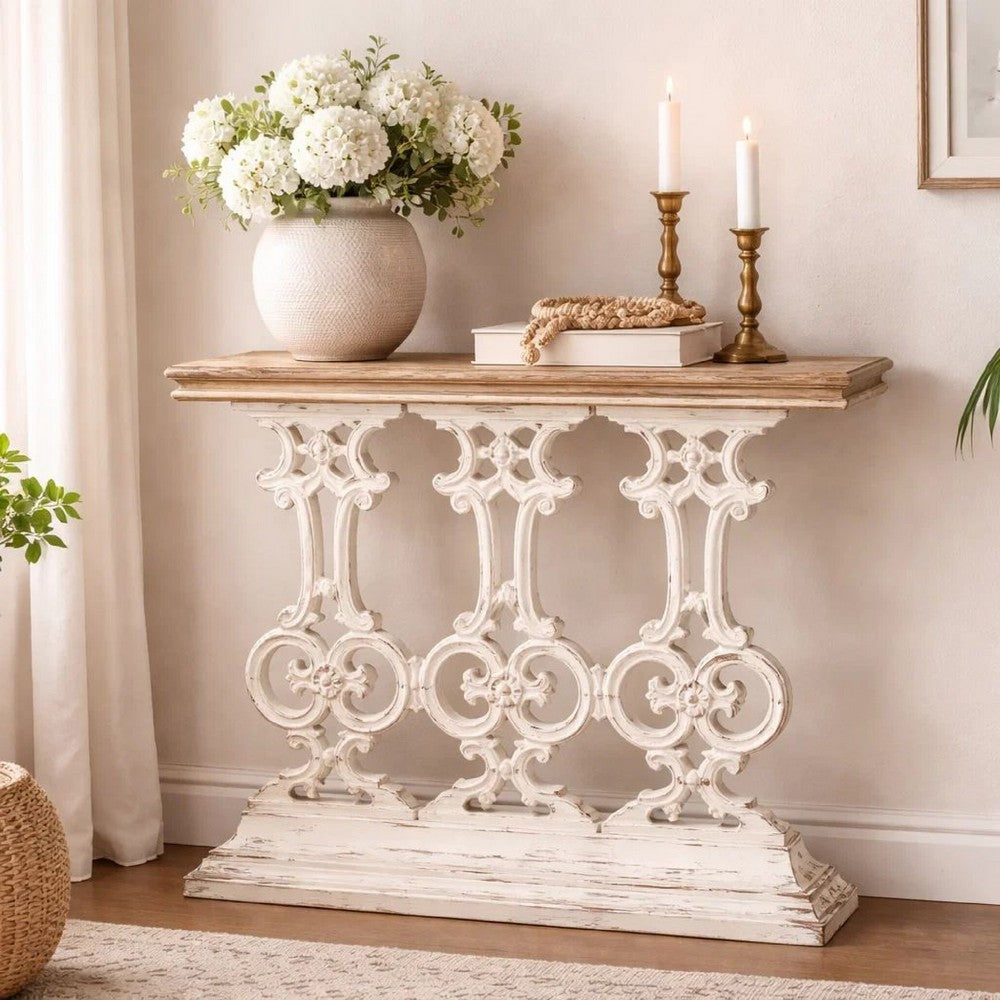 Benjara 32 Inch Console Table, Fir Wood, Traditional, Scrollwork, Antique White