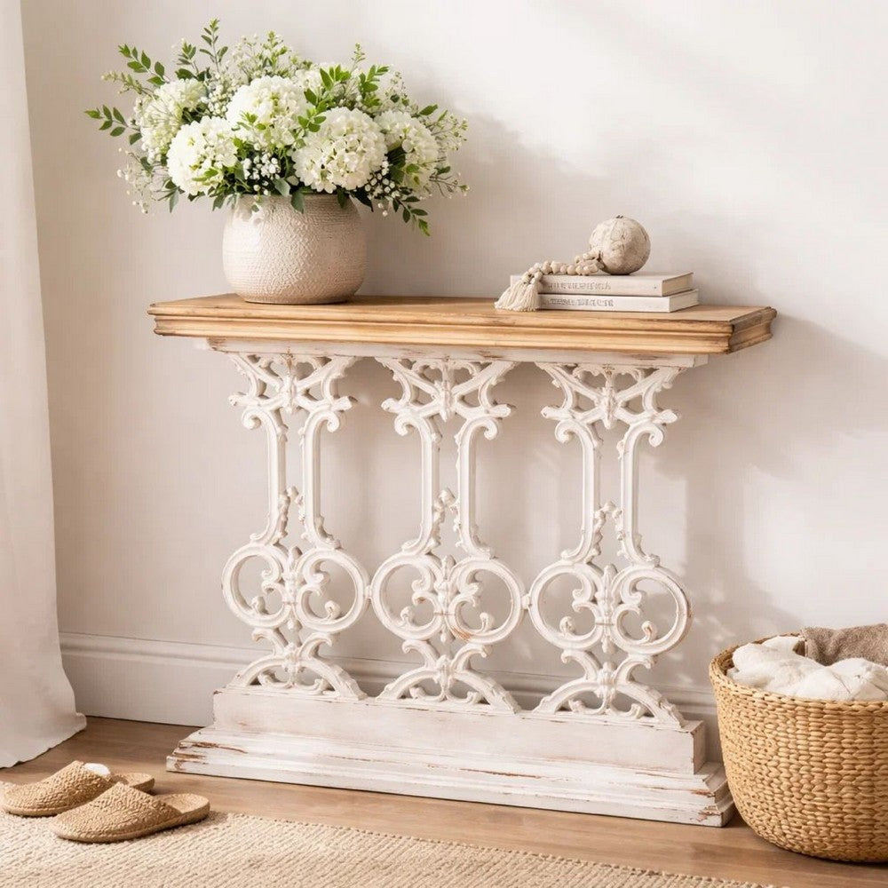 Benjara 32 Inch Console Table, Fir Wood, Traditional, Scrollwork, Antique White