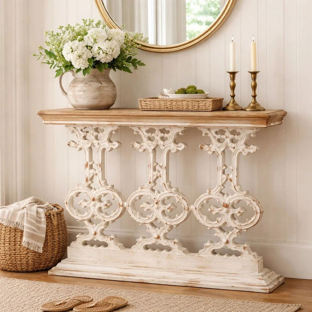 Benjara 32 Inch Console Table, Fir Wood, Traditional, Scrollwork, Antique White