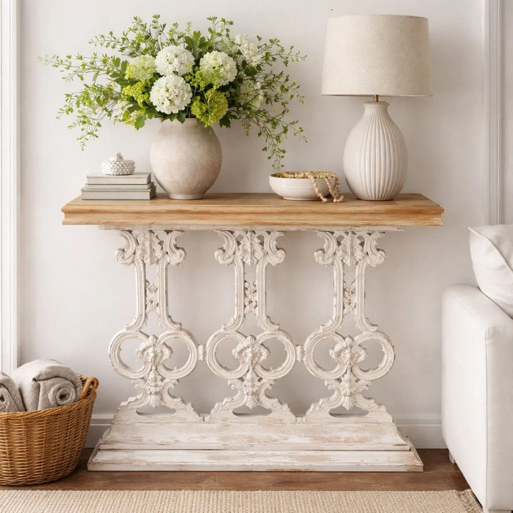Benjara 32 Inch Console Table, Fir Wood, Traditional, Scrollwork, Antique White