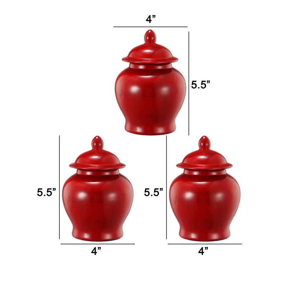 Benjara 6 Inch Small Ginger Jar, Lidded, Porcelain, Bell Shape Set of 3, Red