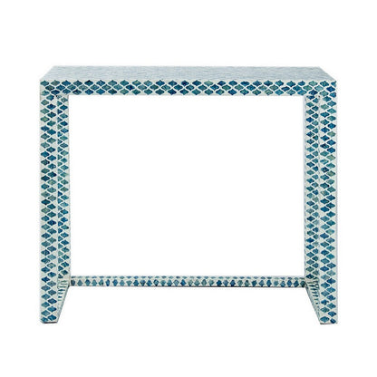 Benjara 36 Inch Accent Console Table, Capiz Shell Inlay, Rectangular, Blue