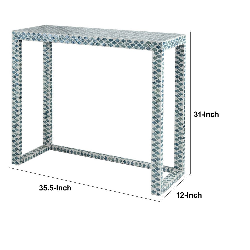 Benjara 36 Inch Accent Console Table, Capiz Shell Inlay, Rectangular, Blue