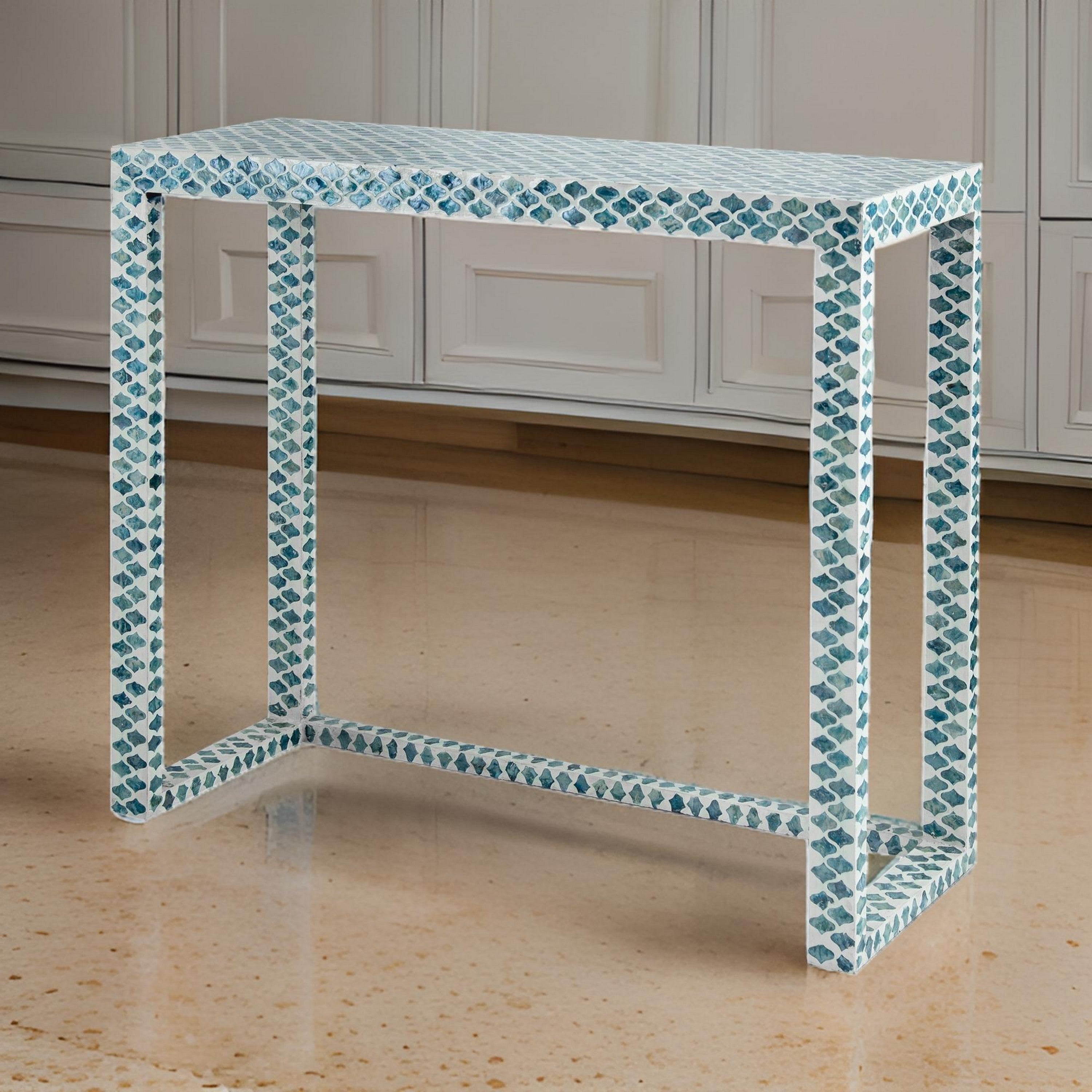 Benjara 36 Inch Accent Console Table, Capiz Shell Inlay, Rectangular, Blue