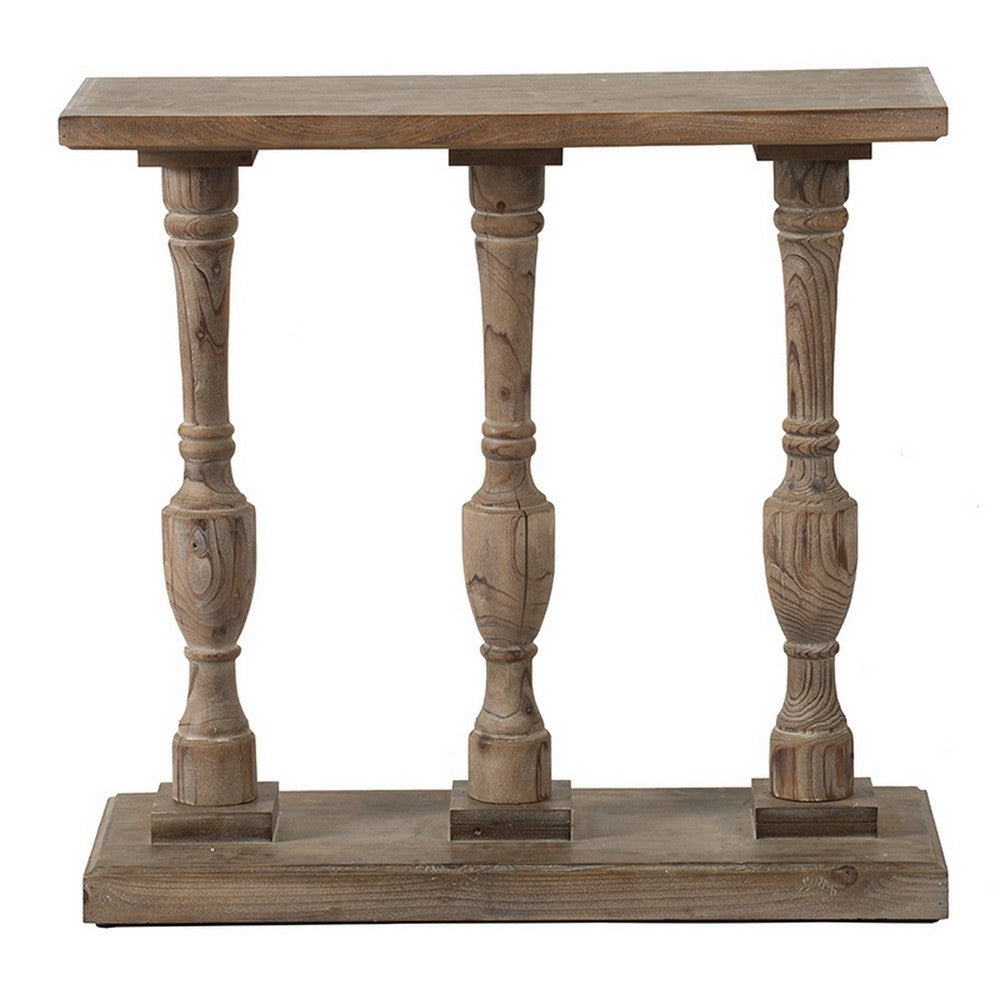 Benjara 36 Inch Console Table, Fir Wood, Classical Turned Pedestal Base, Gray