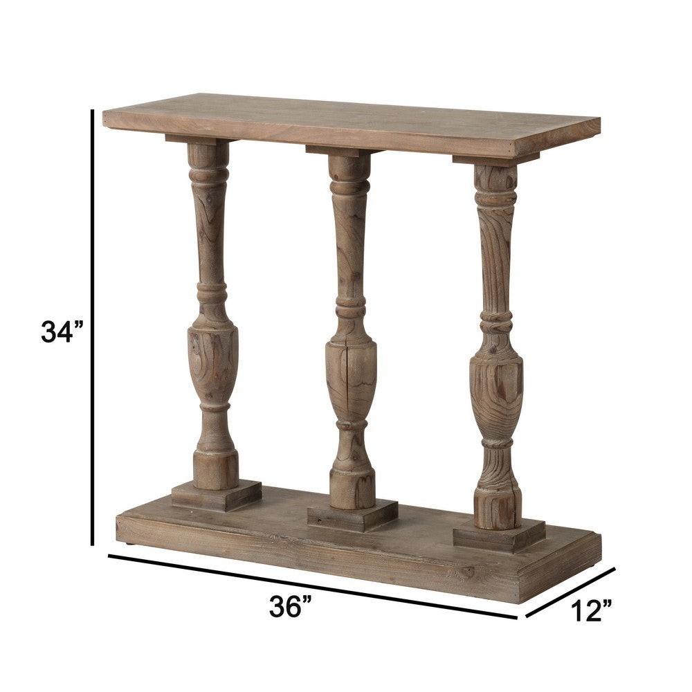 Benjara 36 Inch Console Table, Fir Wood, Classical Turned Pedestal Base, Gray