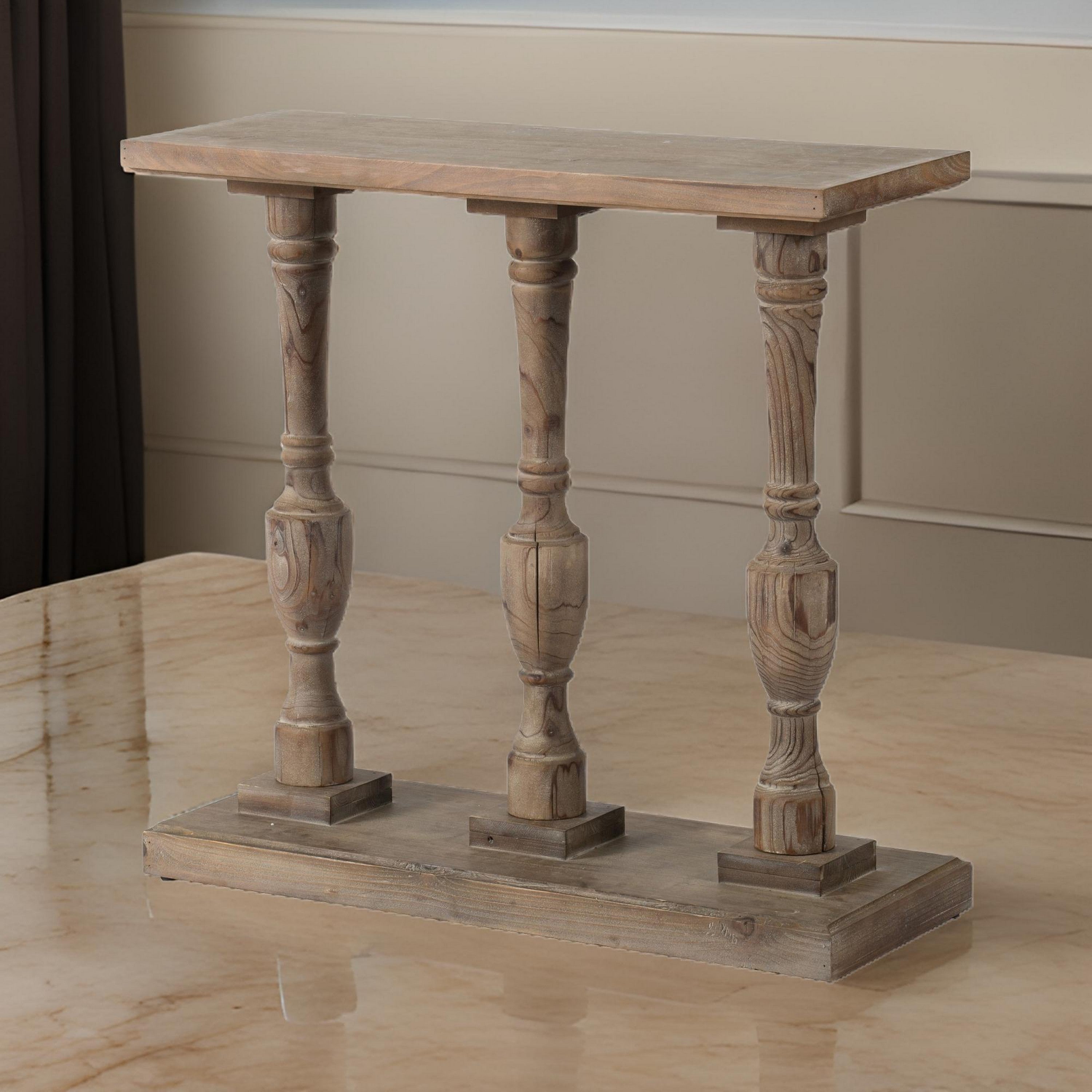 Benjara 36 Inch Console Table, Fir Wood, Classical Turned Pedestal Base, Gray