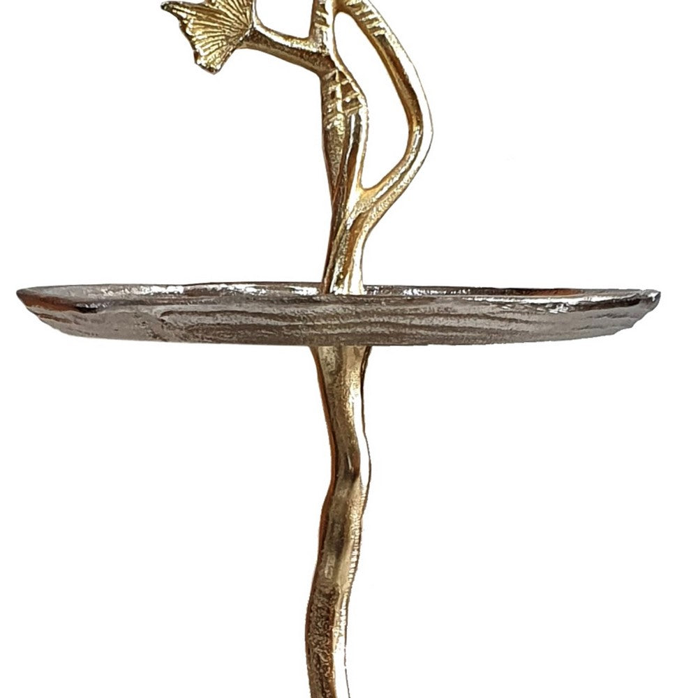 Benjara 16 Inch Elegant Accent Table, 2 Tier Aluminum Cherry Blossom, Gold, Silver