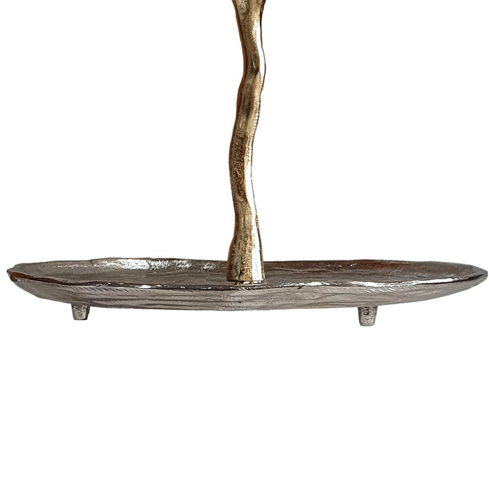 Benjara 16 Inch Elegant Accent Table, 2 Tier Aluminum Cherry Blossom, Gold, Silver