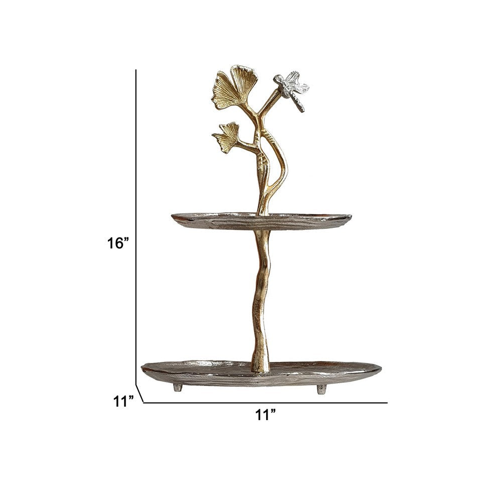 Benjara 16 Inch Elegant Accent Table, 2 Tier Aluminum Cherry Blossom, Gold, Silver