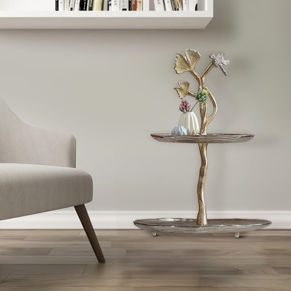 Benjara 16 Inch Elegant Accent Table, 2 Tier Aluminum Cherry Blossom, Gold, Silver