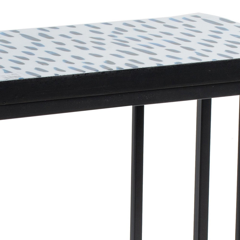 Benjara 24 Inch End Side Table, Blue Patterned Top, C Shape Open Frame, Black