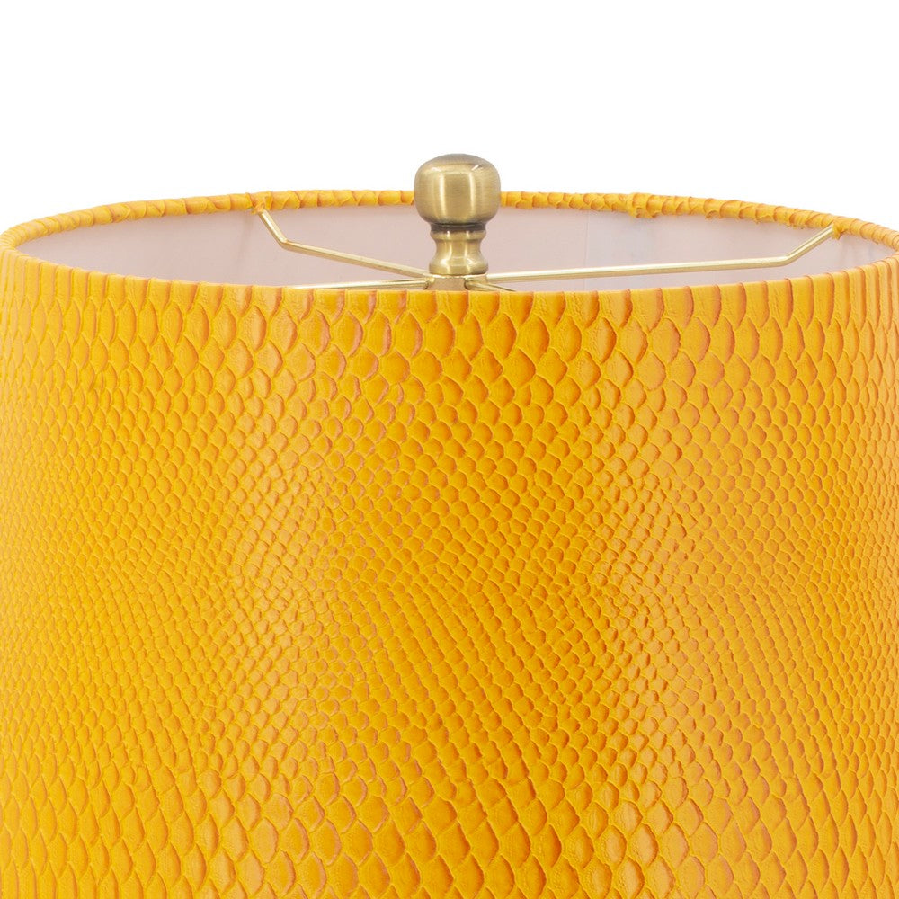 Benjara 27 Inch Modern Table Lamp, Vegan Faux Leather, Iron, Bright Orange Yellow
