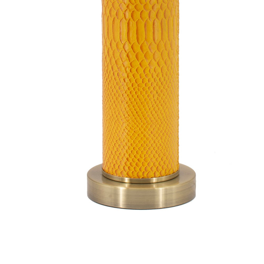 Benjara 27 Inch Modern Table Lamp, Vegan Faux Leather, Iron, Bright Orange Yellow