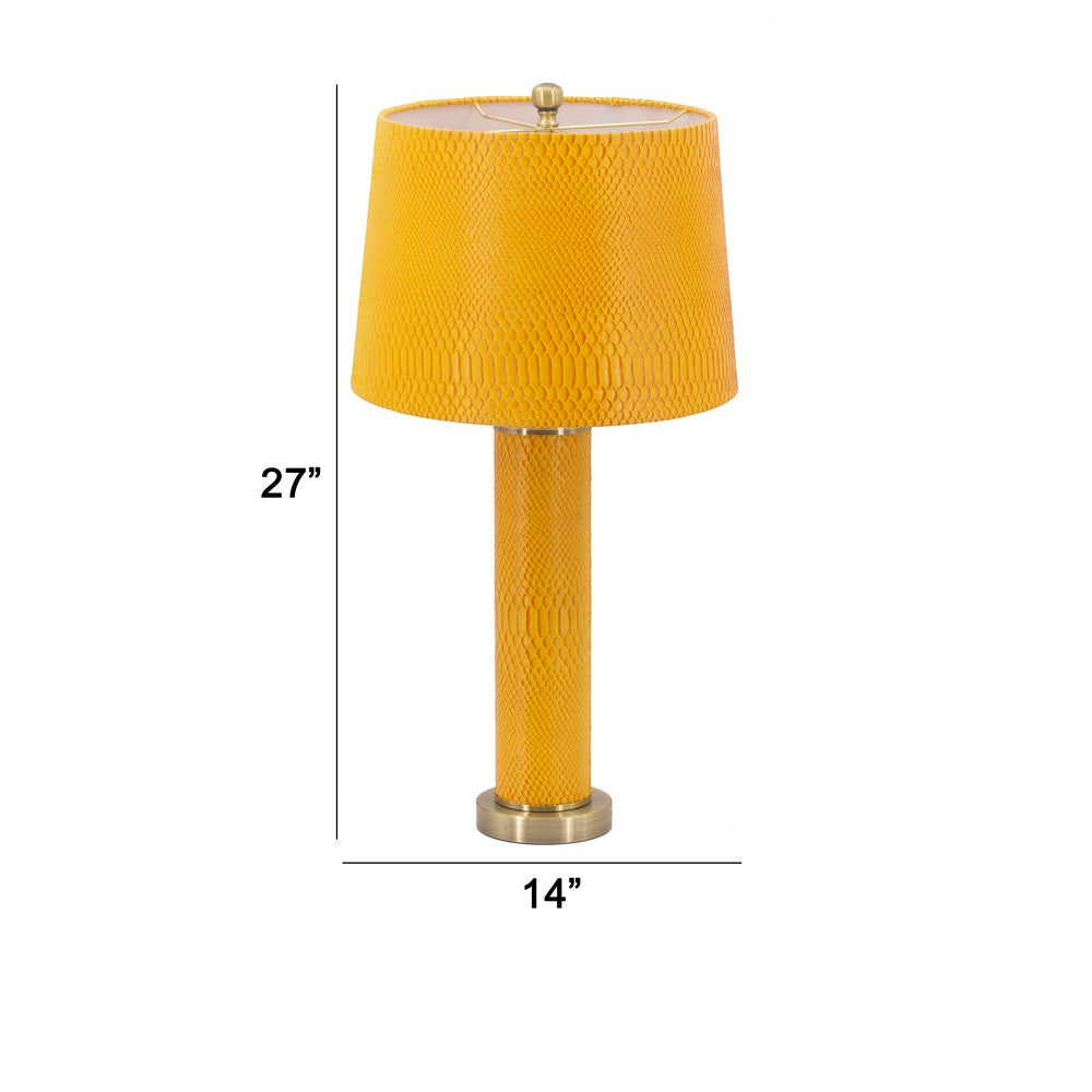 Benjara 27 Inch Modern Table Lamp, Vegan Faux Leather, Iron, Bright Orange Yellow