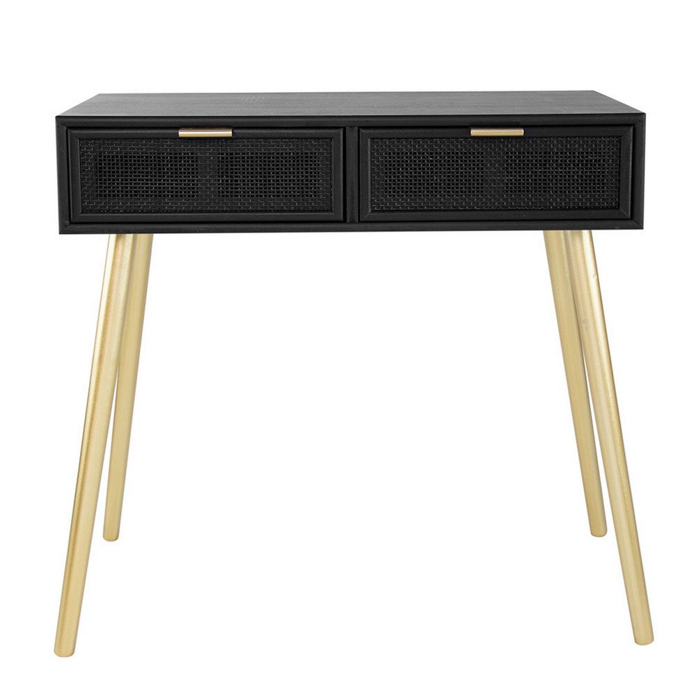 Benjara Pia 32 Inch Wood Console Table, 2 Drawers, Woven Rattan Design, Black, Gold