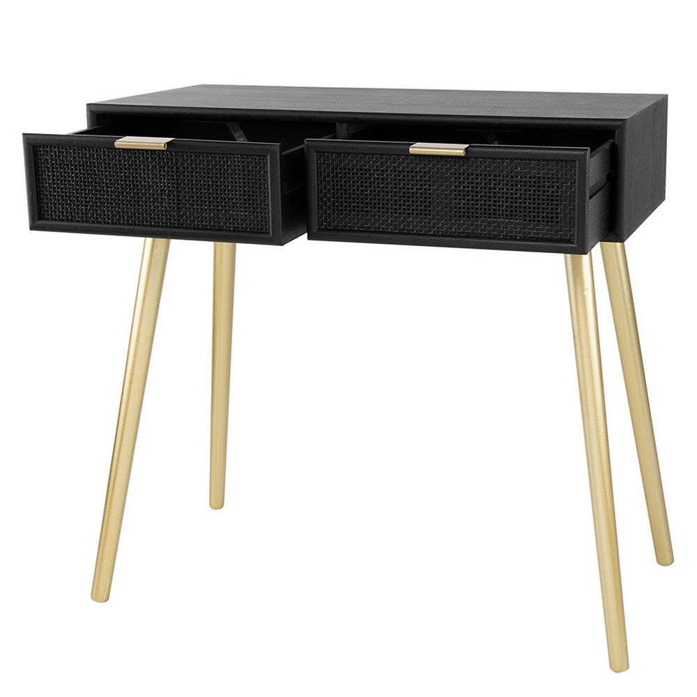Benjara Pia 32 Inch Wood Console Table, 2 Drawers, Woven Rattan Design, Black, Gold