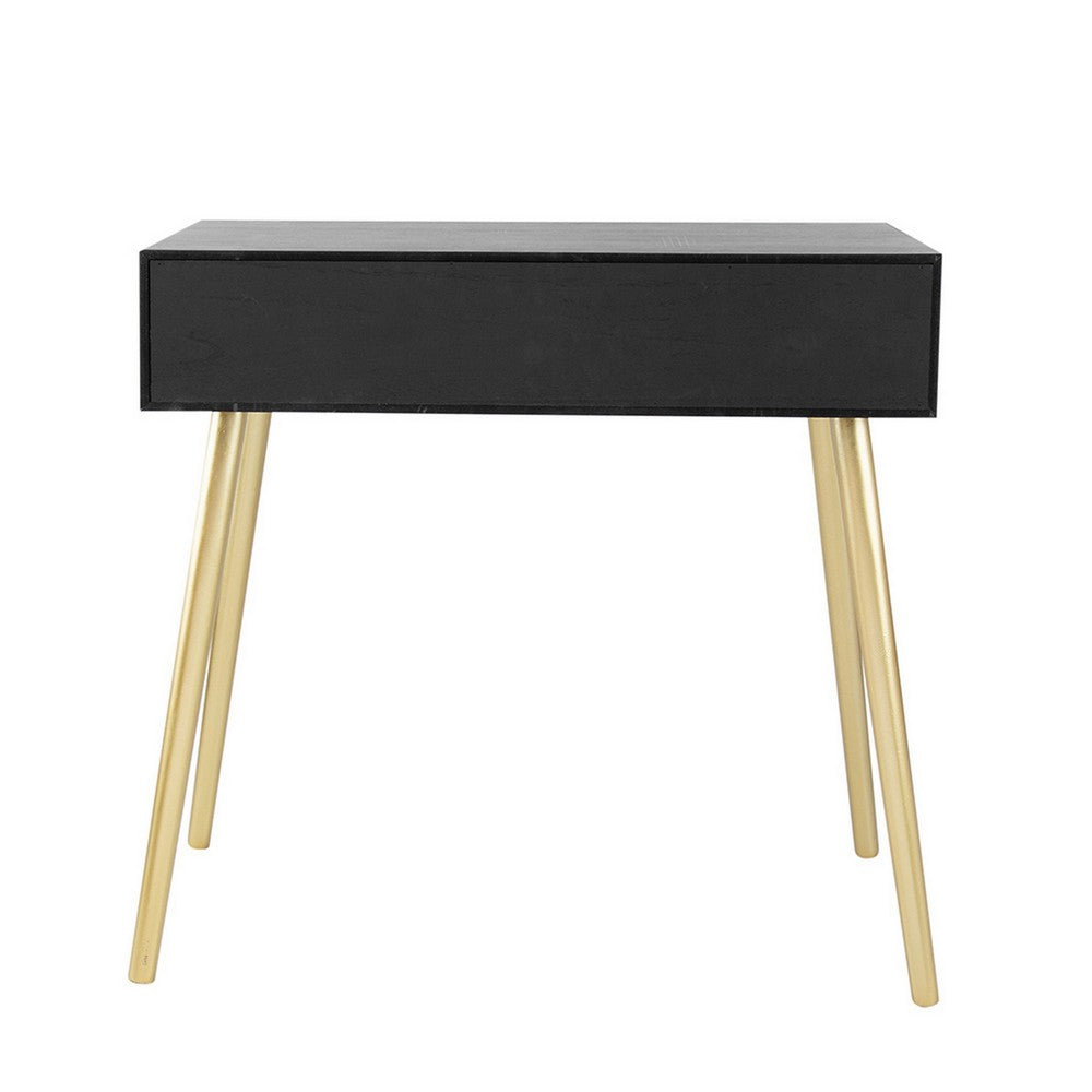 Benjara Pia 32 Inch Wood Console Table, 2 Drawers, Woven Rattan Design, Black, Gold