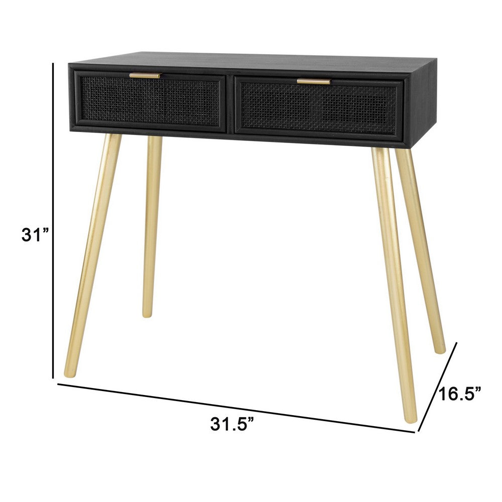 Benjara Pia 32 Inch Wood Console Table, 2 Drawers, Woven Rattan Design, Black, Gold