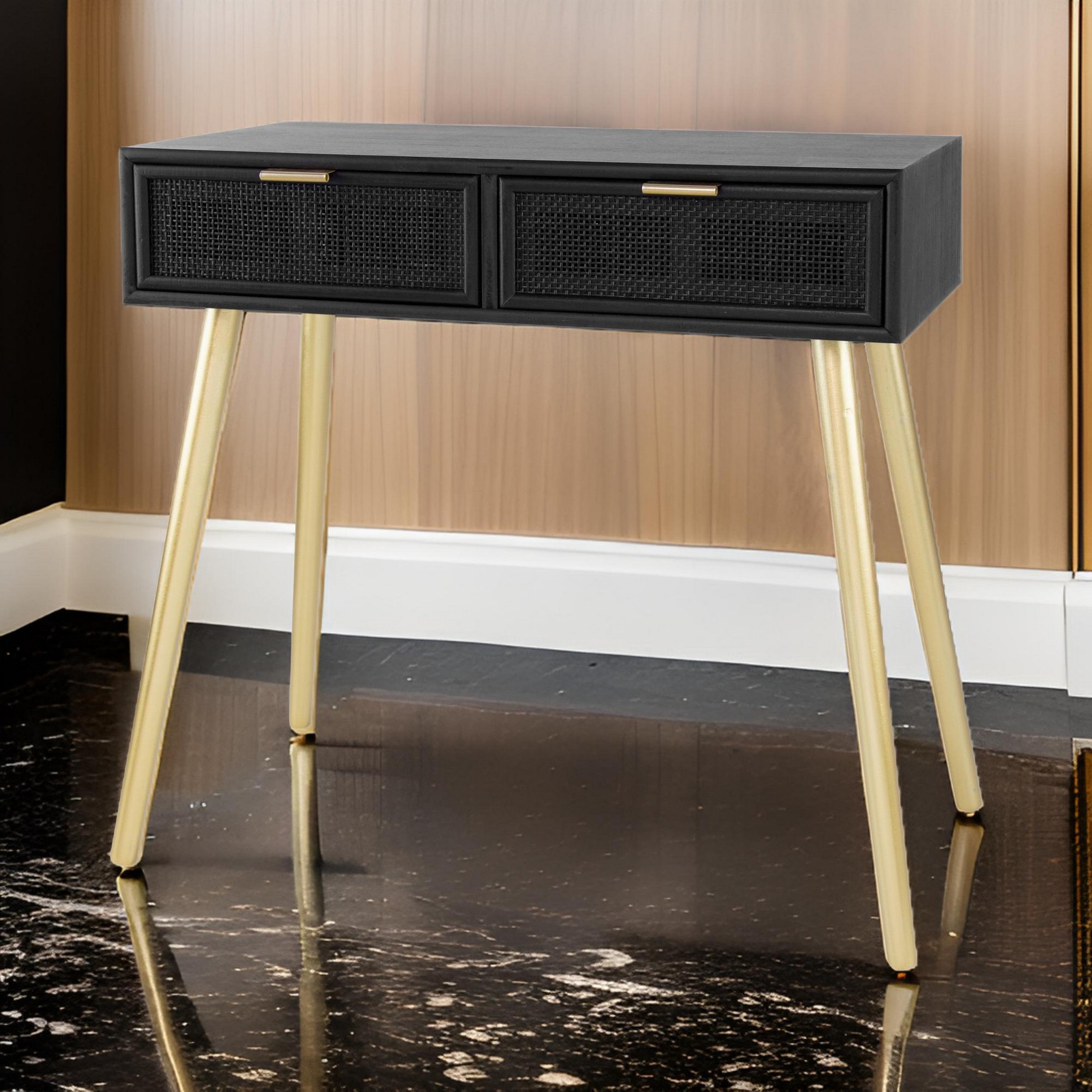 Benjara Pia 32 Inch Wood Console Table, 2 Drawers, Woven Rattan Design, Black, Gold