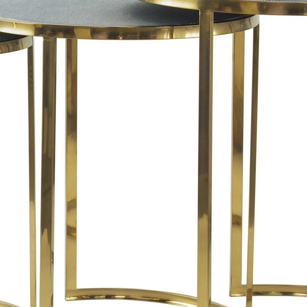 Benjara 24, 22, 21 Inch Nesting Table, Gold Stainless Steel, Vegan Faux Leather Top