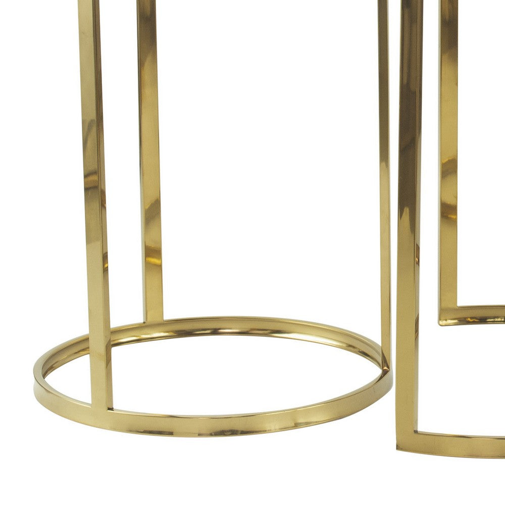 Benjara 24, 22, 21 Inch Nesting Table, Gold Stainless Steel, Vegan Faux Leather Top