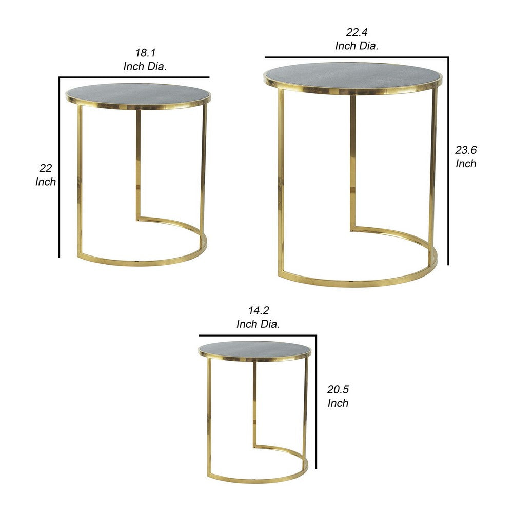 Benjara 24, 22, 21 Inch Nesting Table, Gold Stainless Steel, Vegan Faux Leather Top