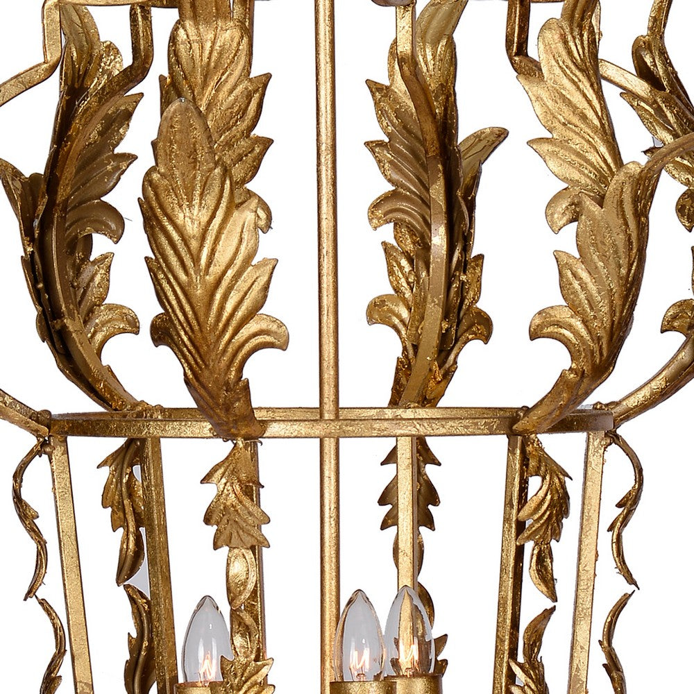 Benjara 20 Inch Luxury Grade 3 Light Chandelier, Acanthus Leaf, Metal Gold Finish