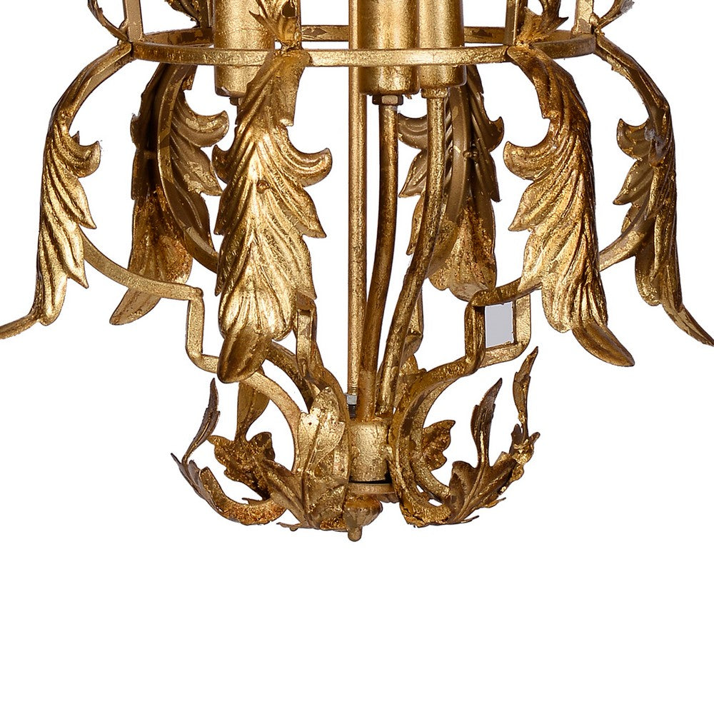 Benjara 20 Inch Luxury Grade 3 Light Chandelier, Acanthus Leaf, Metal Gold Finish