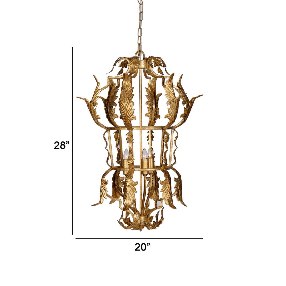 Benjara 20 Inch Luxury Grade 3 Light Chandelier, Acanthus Leaf, Metal Gold Finish