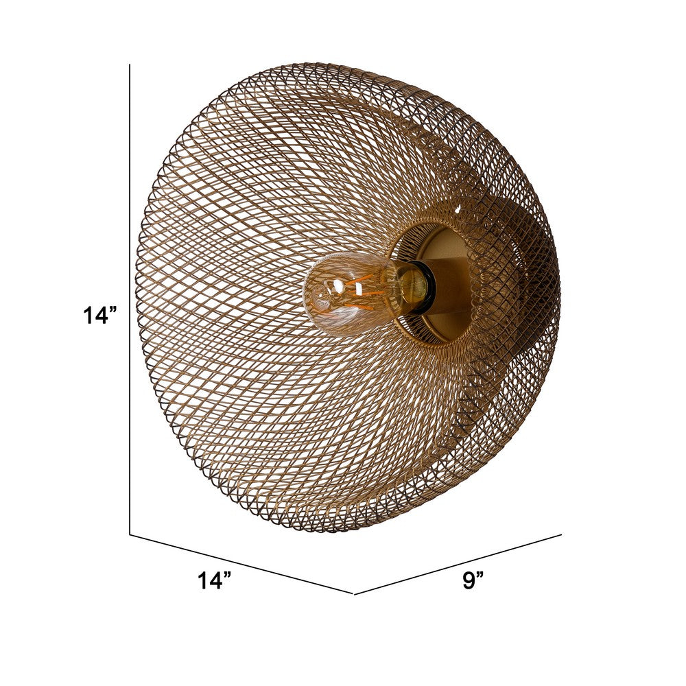 Benjara 14 Inch Round Wall Mounted Lamp, Iron Mesh And Hardware, Gold Finished