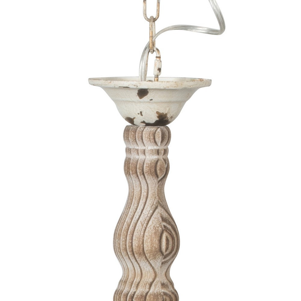 Benjara Kol 22 Inch Traditional 6 Light Chandelier, Fir Wood, Iron, Antique White