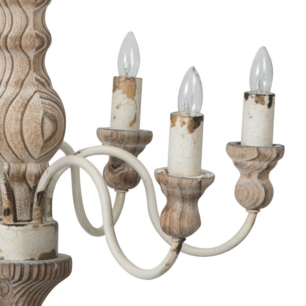 Benjara Kol 22 Inch Traditional 6 Light Chandelier, Fir Wood, Iron, Antique White