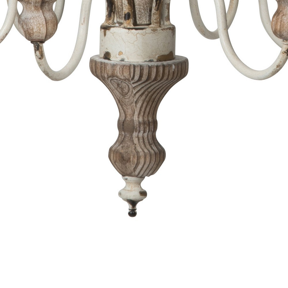 Benjara Kol 22 Inch Traditional 6 Light Chandelier, Fir Wood, Iron, Antique White