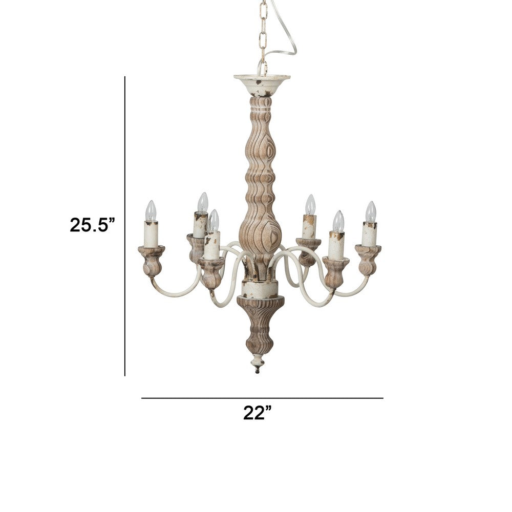 Benjara Kol 22 Inch Traditional 6 Light Chandelier, Fir Wood, Iron, Antique White
