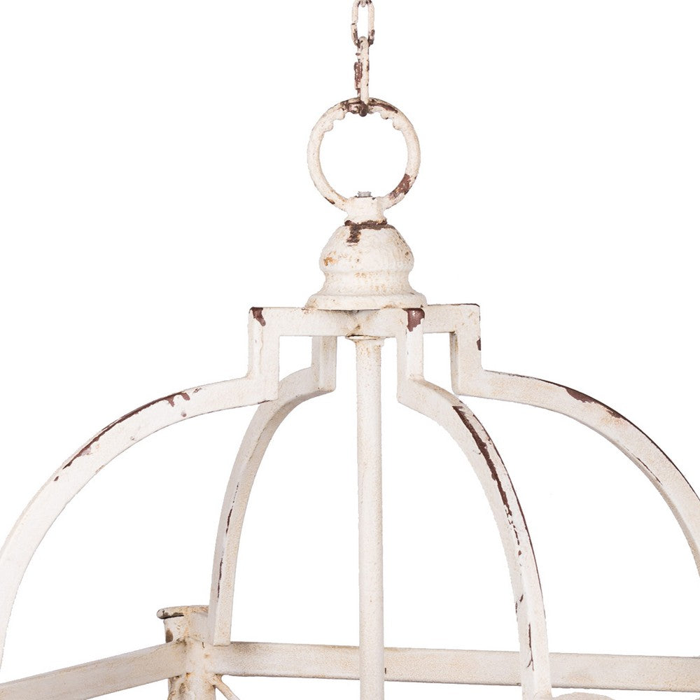 Benjara 18 Inch Chandelier, Birdcage Design Iron, Farmhouse Weathered Antique White