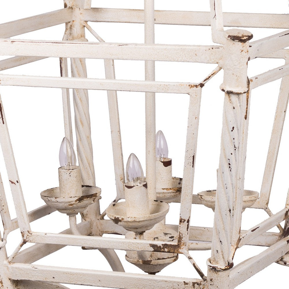 Benjara 18 Inch Chandelier, Birdcage Design Iron, Farmhouse Weathered Antique White