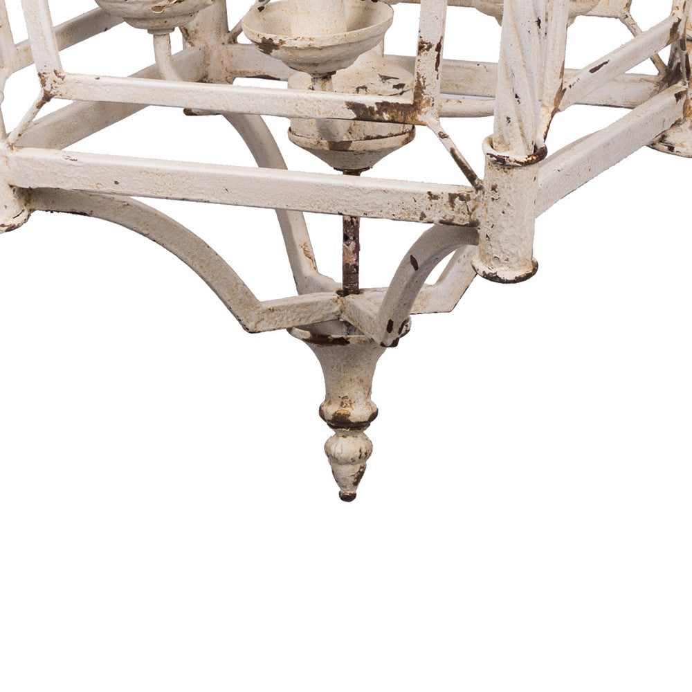 Benjara 18 Inch Chandelier, Birdcage Design Iron, Farmhouse Weathered Antique White