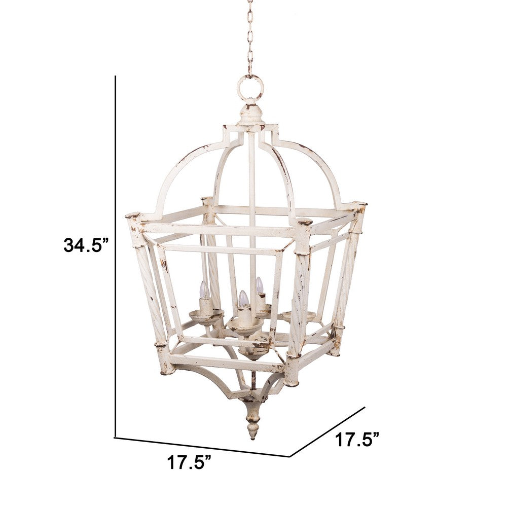 Benjara 18 Inch Chandelier, Birdcage Design Iron, Farmhouse Weathered Antique White