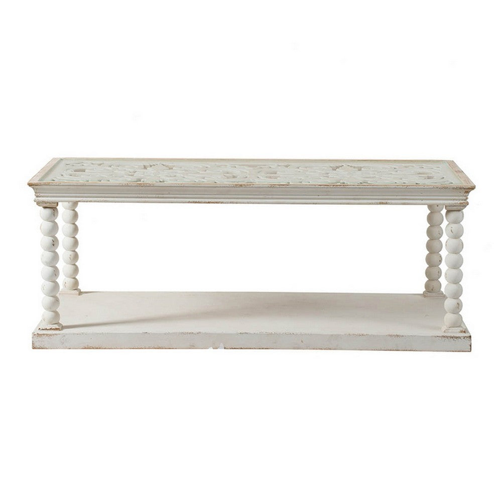 Benjara 48 Inch Coffee Table, Rectangular, Glass Top, Scroll Design, Vintage White