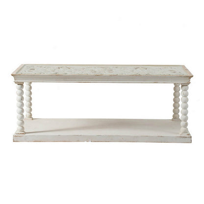 Benjara 48 Inch Coffee Table, Rectangular, Glass Top, Scroll Design, Vintage White