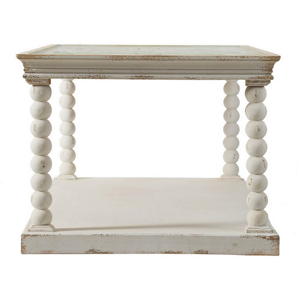 Benjara 48 Inch Coffee Table, Rectangular, Glass Top, Scroll Design, Vintage White