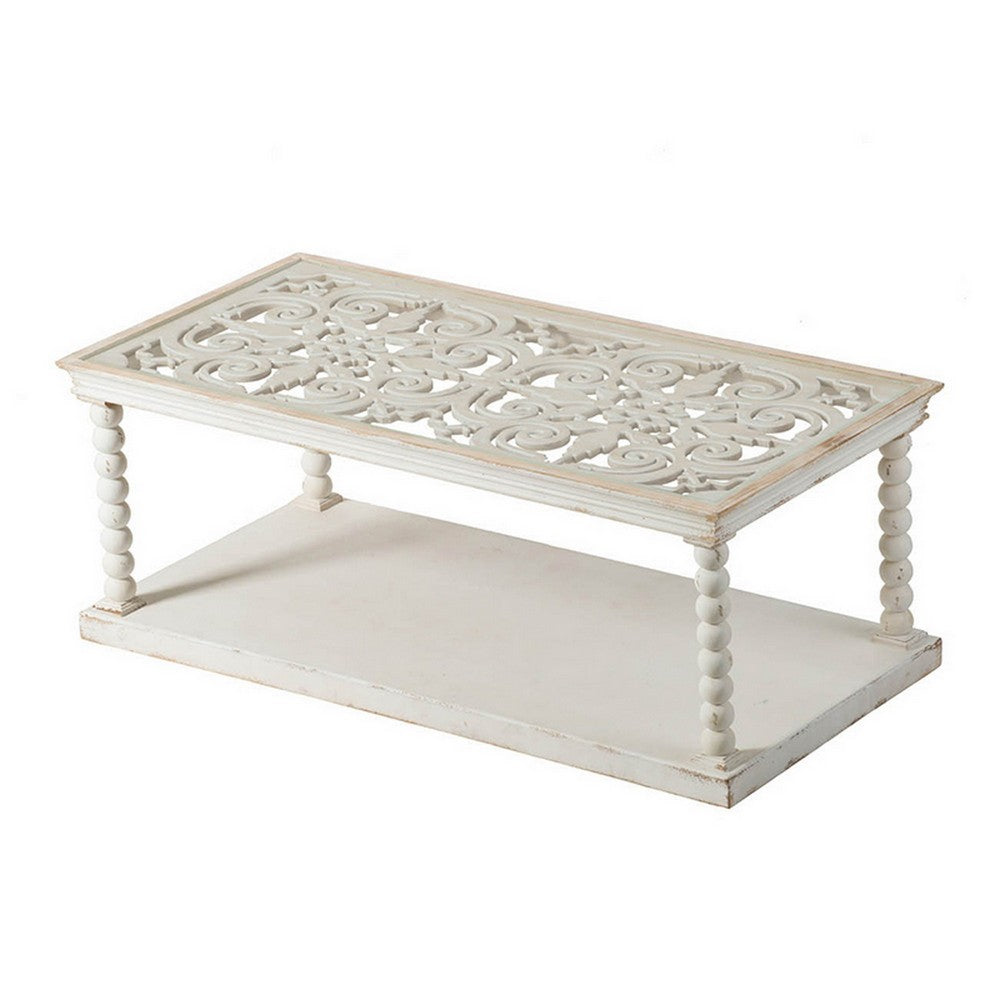 Benjara 48 Inch Coffee Table, Rectangular, Glass Top, Scroll Design, Vintage White