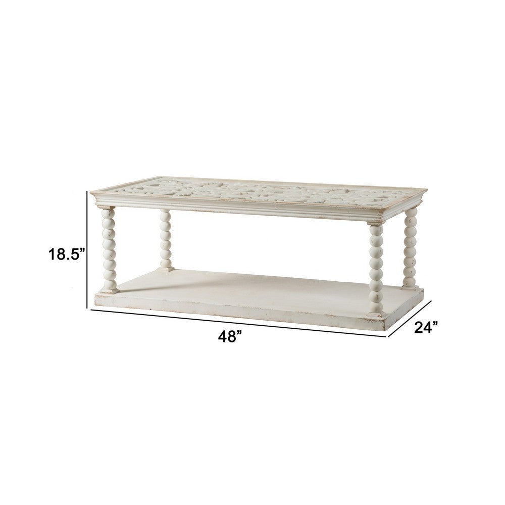 Benjara 48 Inch Coffee Table, Rectangular, Glass Top, Scroll Design, Vintage White