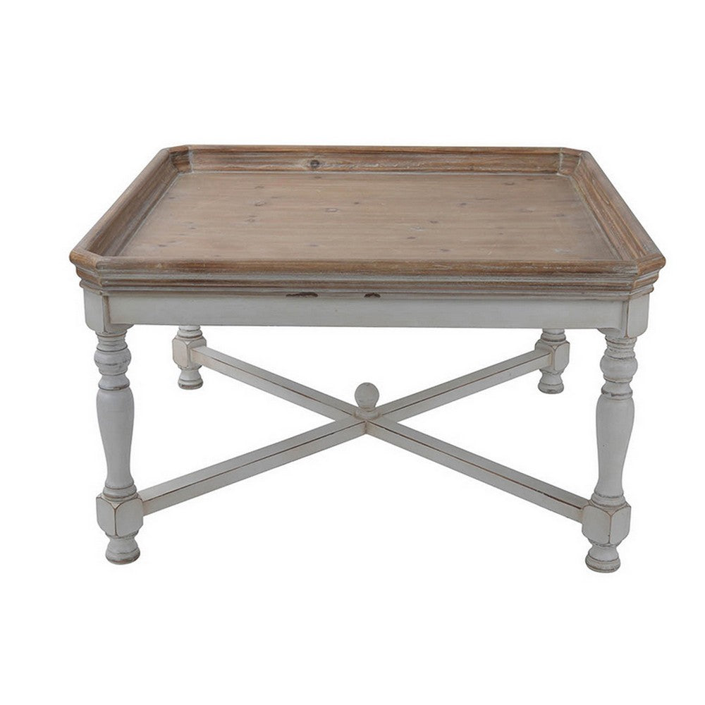 Benjara Fin 33 Inch Coffee Table, Tray Top, Rustic Fir Wood, Antique White, Brown